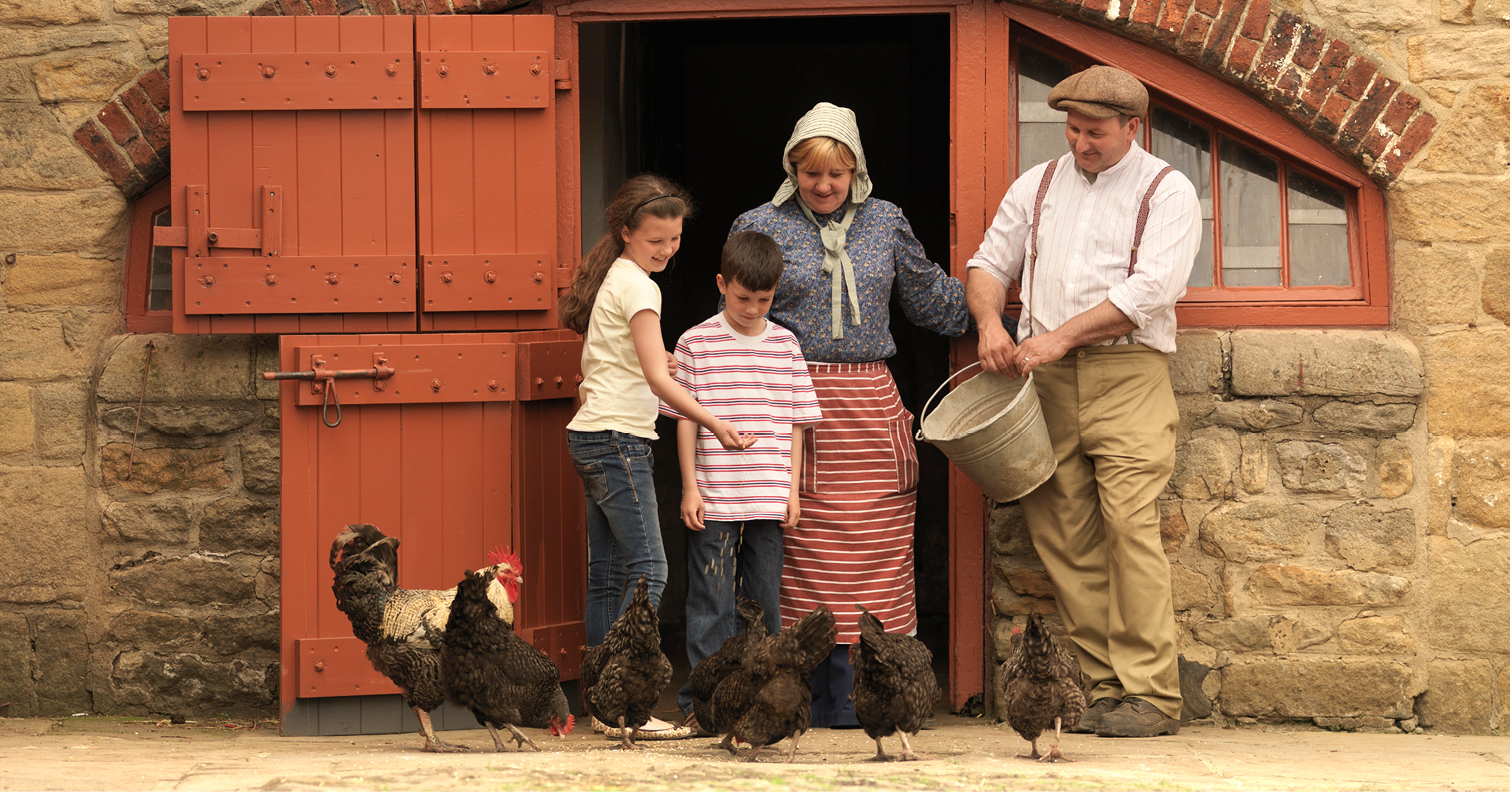 two children with two museum staff feeding chickens at 1940s farm at Beamish Museum